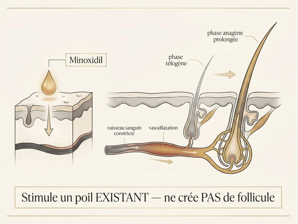 Schéma du mécanisme du minoxidil : vasodilatation et prolongation de la phase de croissance d'un poil déjà existant