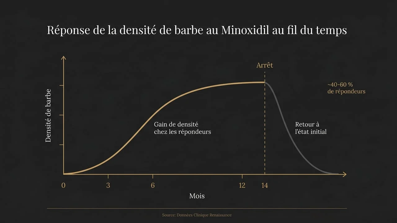 Courbe des résultats du minoxidil sur la barbe : densification temporaire puis retour à l'état initial après l'arrêt