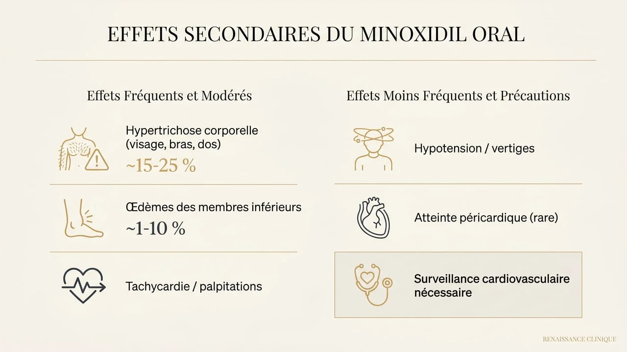 Infographie des effets secondaires du minoxidil oral : hypertrichose corporelle, œdèmes, tachycardie et nécessité d'une surveillance cardiovasculaire