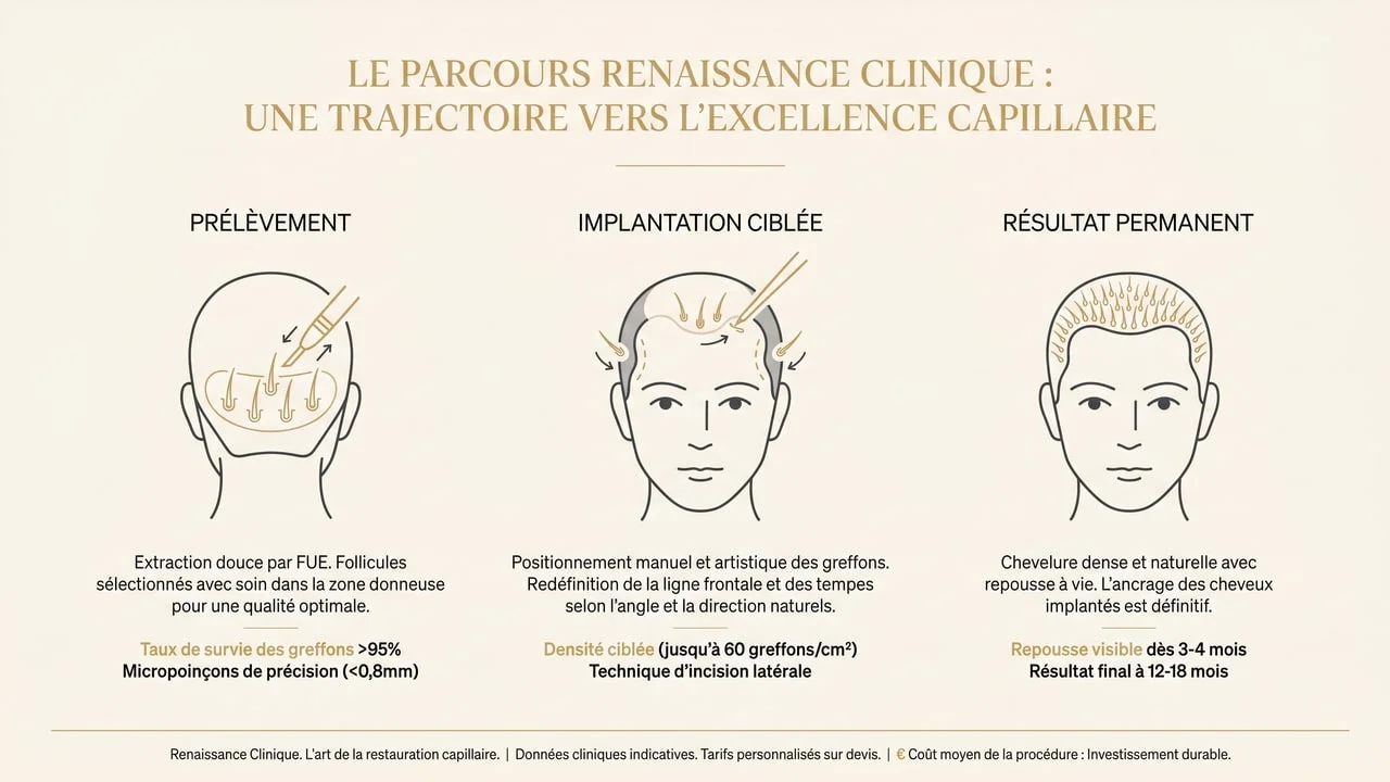 Infographie des étapes d'une greffe de cheveux FUE : prélèvement à l'arrière du crâne, implantation ciblée de la ligne frontale et résultat permanent