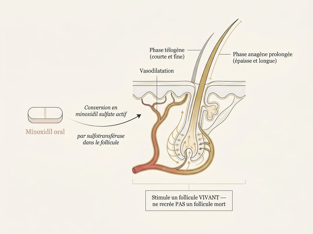 Schéma du mécanisme du minoxidil oral : conversion en minoxidil sulfate, vasodilatation et prolongation de la phase de croissance d'un follicule vivant