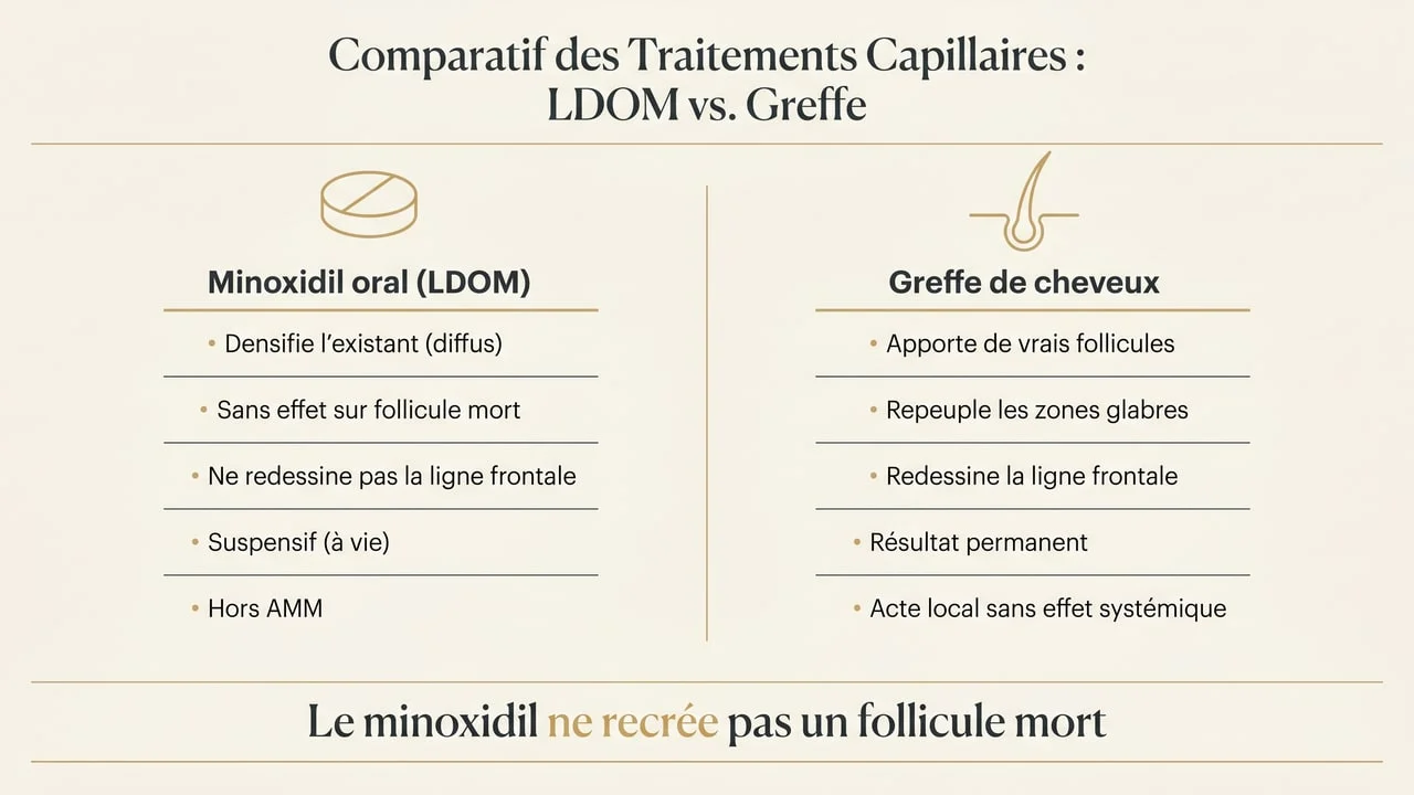 Comparaison infographique du minoxidil oral et de la greffe de cheveux : densification diffuse temporaire vs implantation ciblée et permanente de follicules