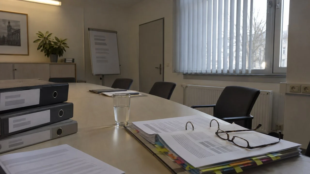 Des dossiers épais à onglets ouverts sur une table de réunion institutionnelle, devant une fenêtre à stores