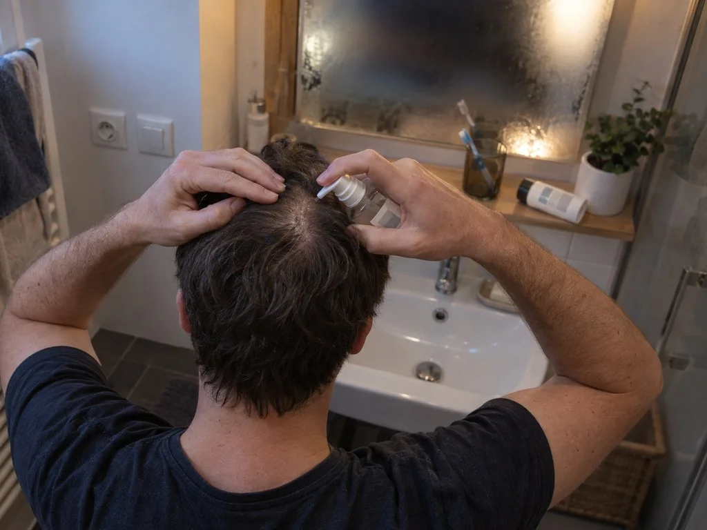 Un homme vu de dos applique une lotion sur son cuir chevelu dégagé par une raie, devant un miroir embué