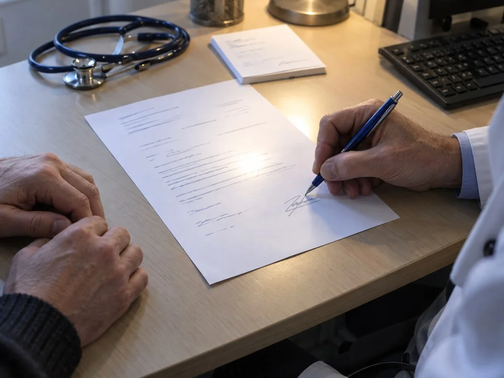 Deux mains signent tour à tour un document A4 posé sur le bureau d'un médecin