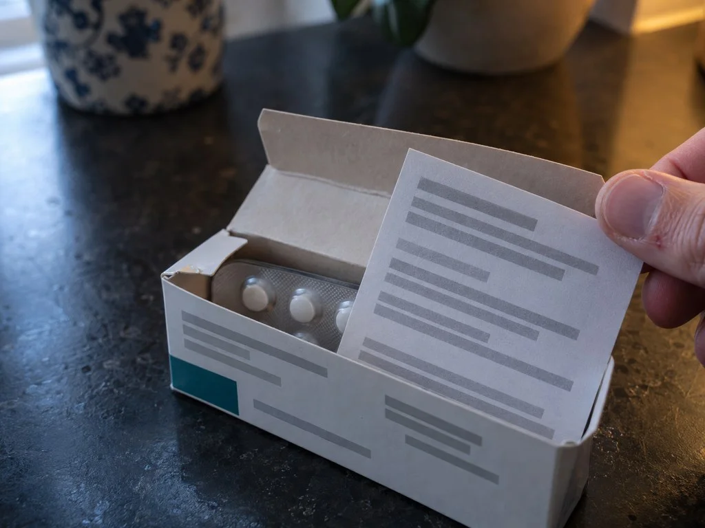 Une main sort une carte d'information cartonnée d'une boîte de médicament ouverte, la plaquette encore à l'intérieur