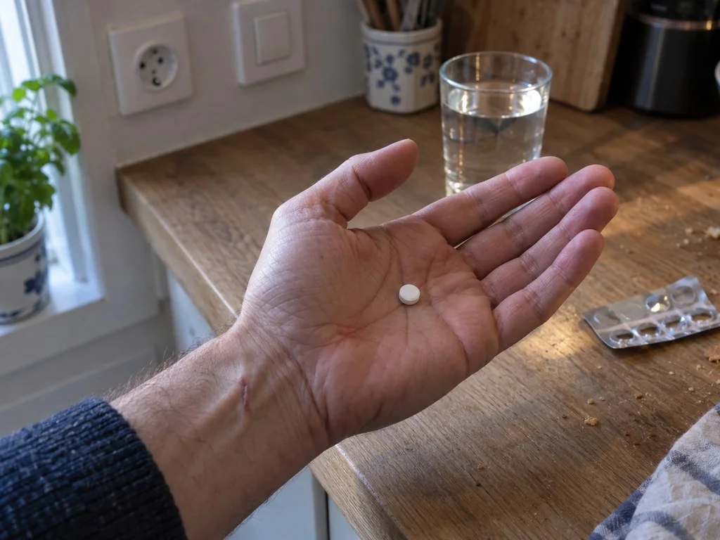 Une main tient un comprimé blanc au-dessus d'un plan de travail, un verre d'eau et une plaquette entamée à côté