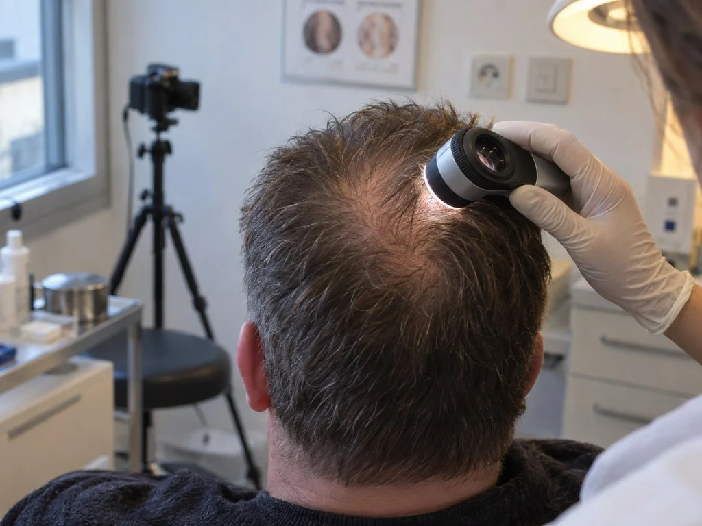 Un praticien écarte les cheveux au sommet du crâne d'un patient vu de dos pour examiner la zone au dermatoscope