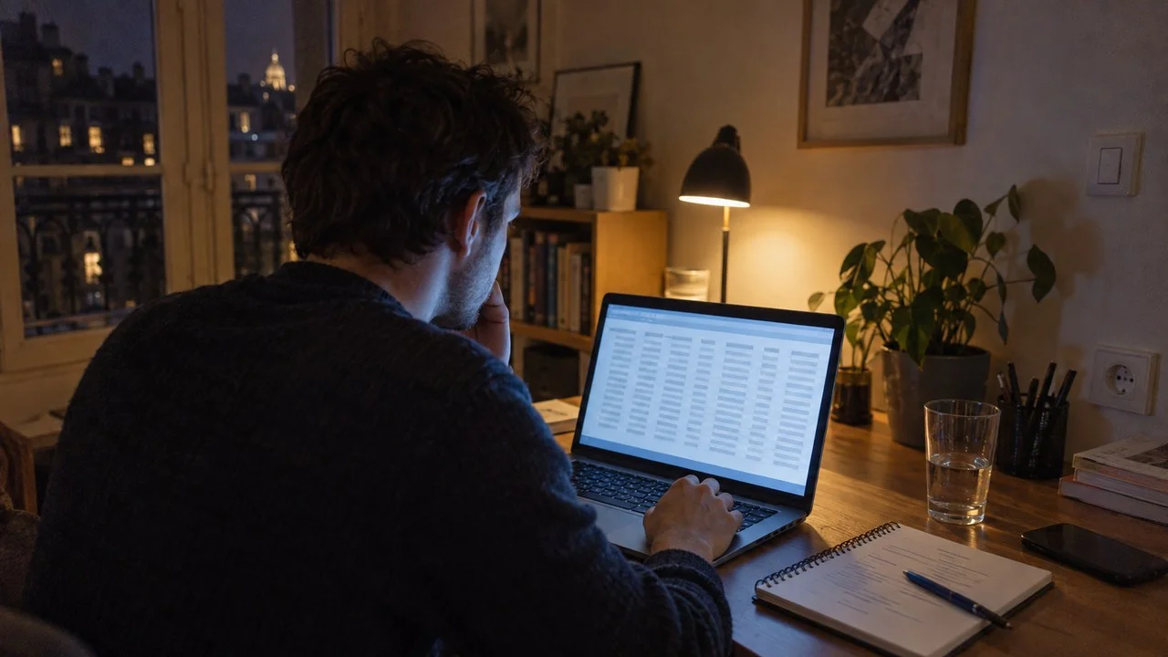 Une personne consulte tard le soir un tableau dense affiché sur l'écran d'un ordinateur portable, un carnet ouvert à côté
