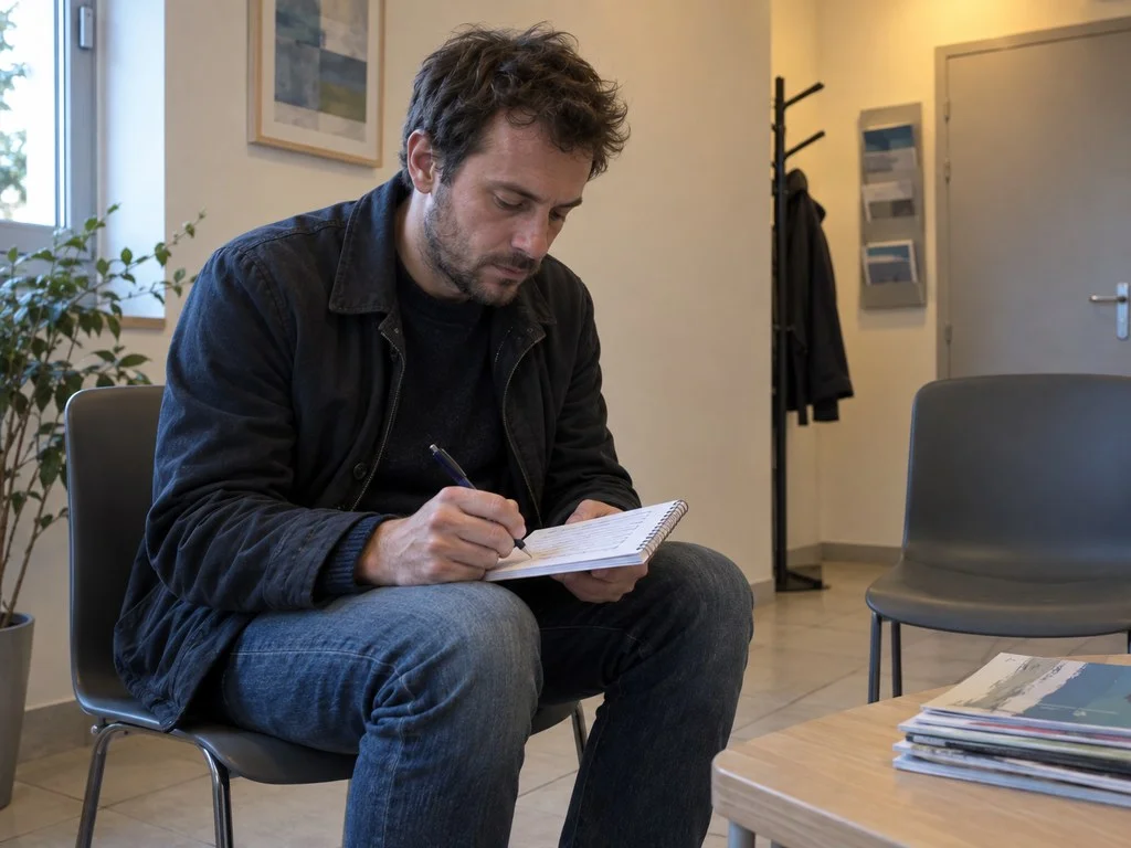 Un homme relit une liste manuscrite dans un carnet, assis dans une salle d'attente française