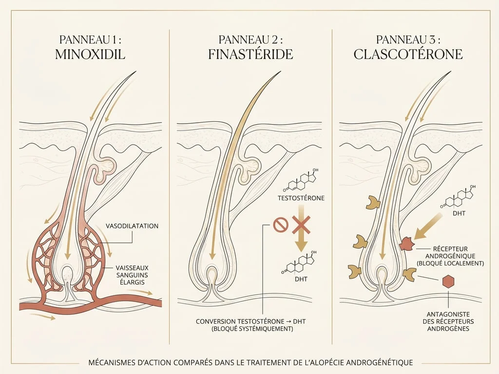 Schéma comparant les mécanismes d'action du minoxidil, du finastéride et du clascotérone sur le follicule pileux