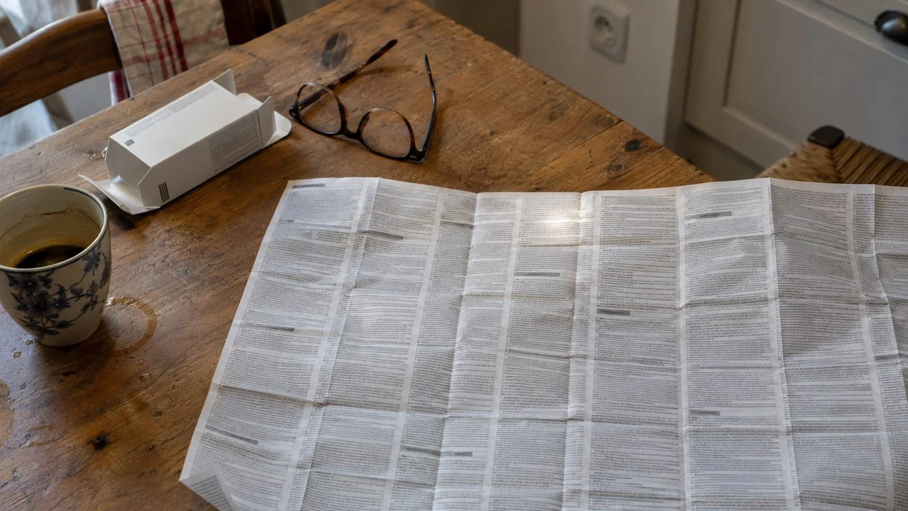 Une notice de médicament largement dépliée sur une table de cuisine, à côté d'une paire de lunettes et d'une tasse de café