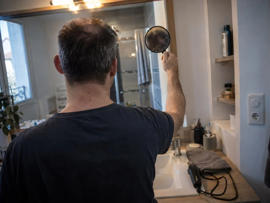 Un homme se regarde la nuque à l'aide d'un miroir à main tenu devant le grand miroir de la salle de bain