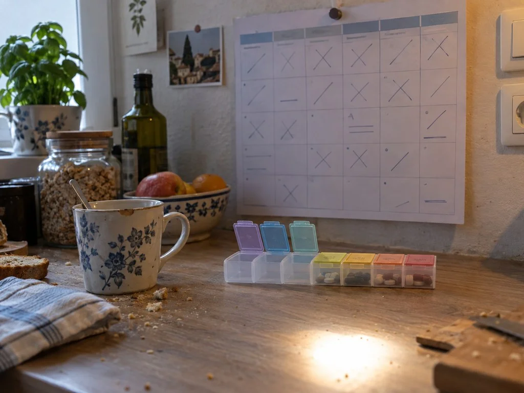 Un pilulier hebdomadaire posé sur un plan de travail devant un calendrier mural dont plusieurs cases sont barrées au stylo