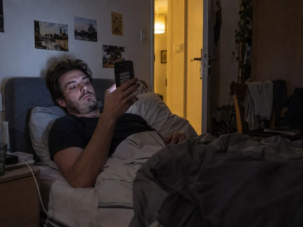 Un homme d'une trentaine d'années consulte son téléphone allongé dans le noir, le visage éclairé par l'écran