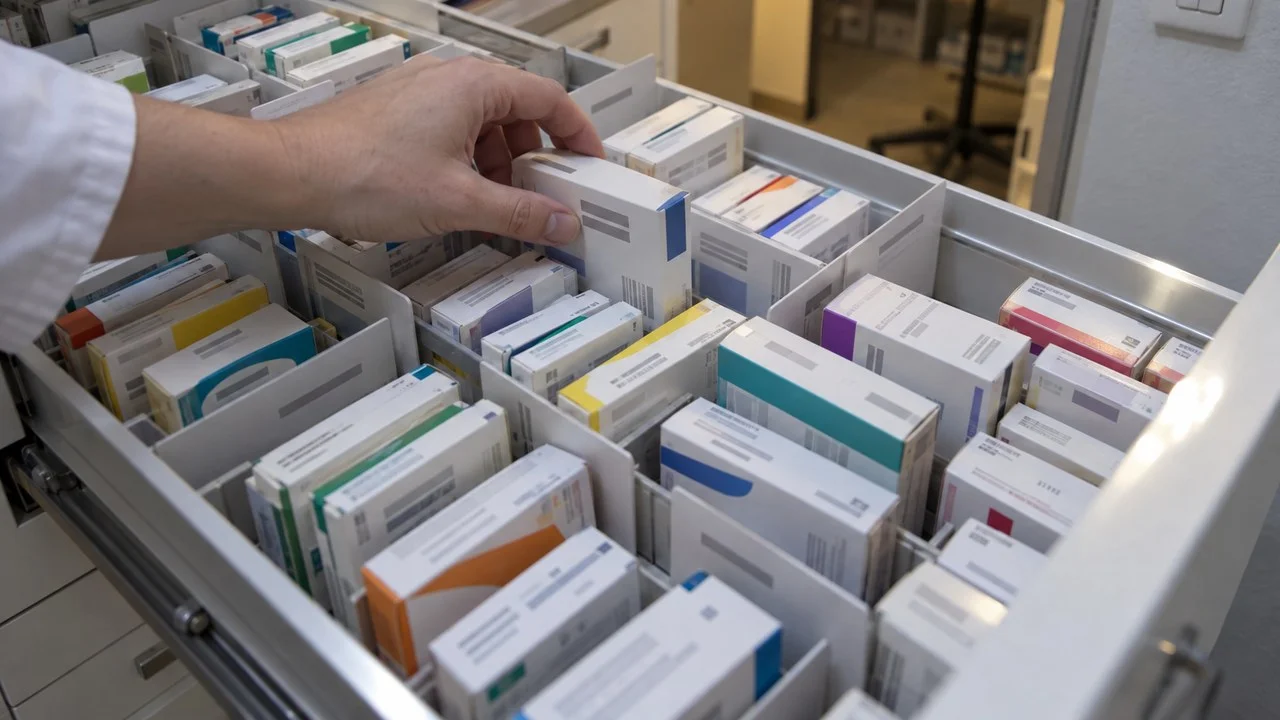 Un tiroir de pharmacie rempli de boîtes rangées sur la tranche, une main en inclinant une vers l'avant