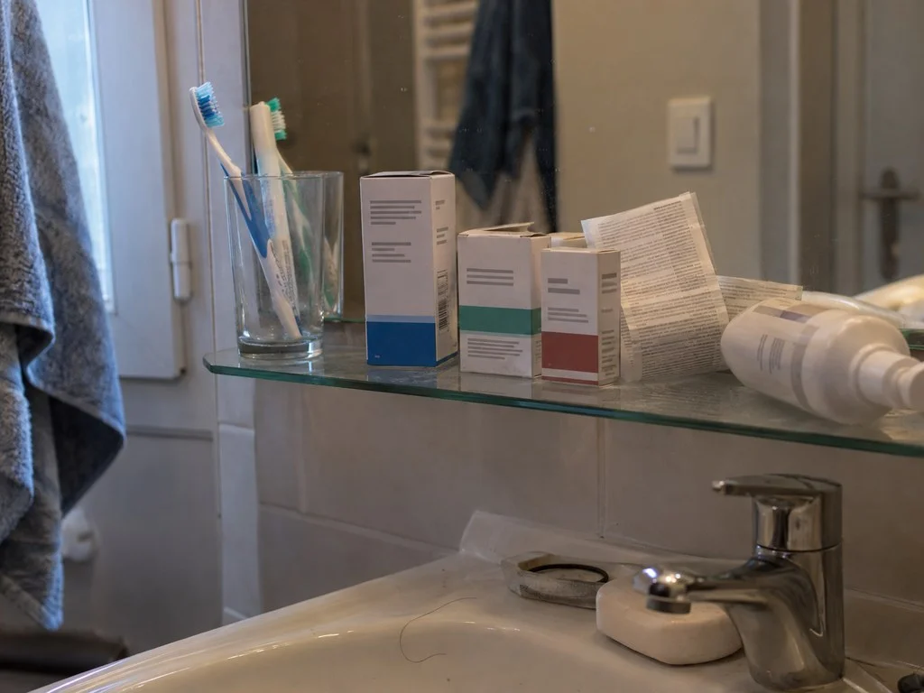 Trois boîtes de médicament et un flacon posés en désordre sur l'étagère d'une salle de bain française, avec une notice dépliée derrière
