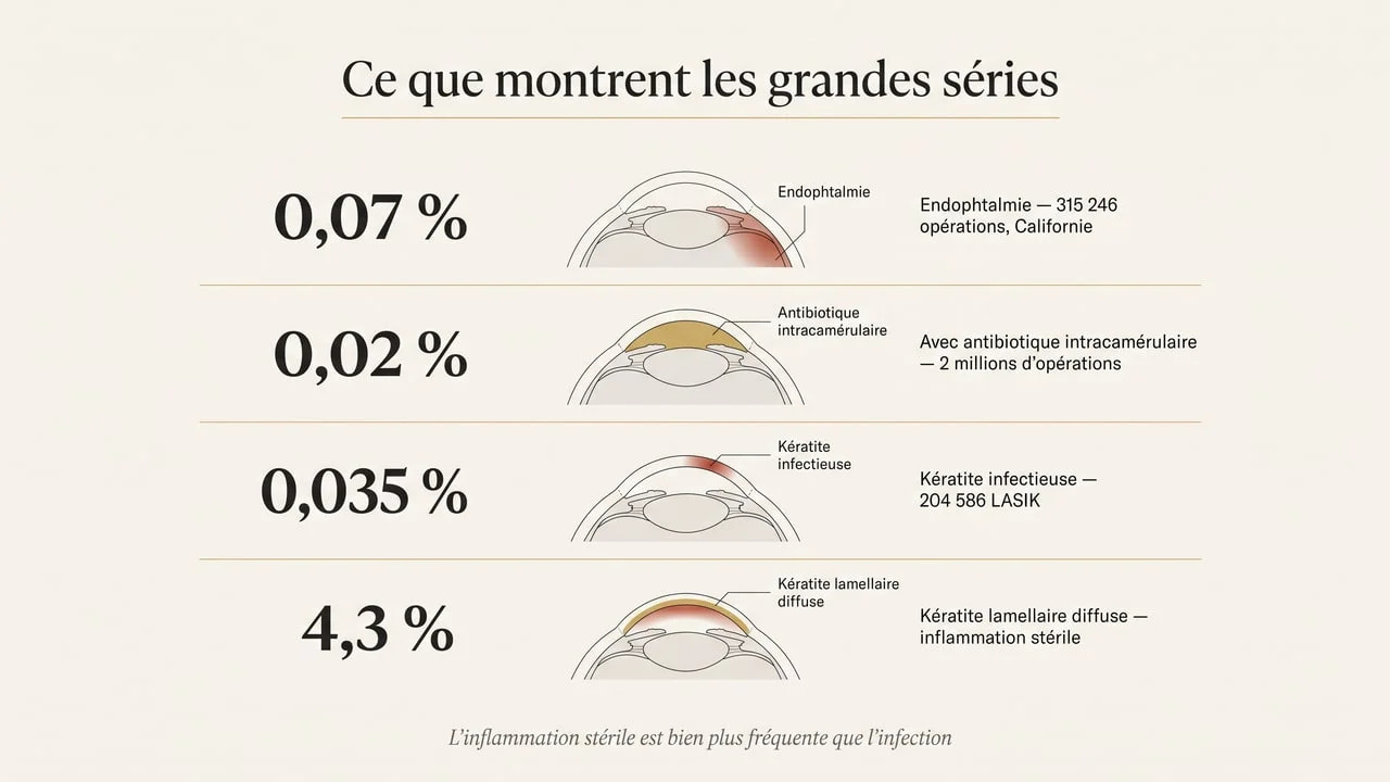 Diagramme reprenant les taux mesurés dans les grandes séries : endophtalmie à 0,07 % sur 315 246 opérations, 0,02 % avec antibiotique intracamérulaire sur deux millions d'opérations, kératite infectieuse à 0,035 % après LASIK et kératite lamellaire diffuse à 4,3 %