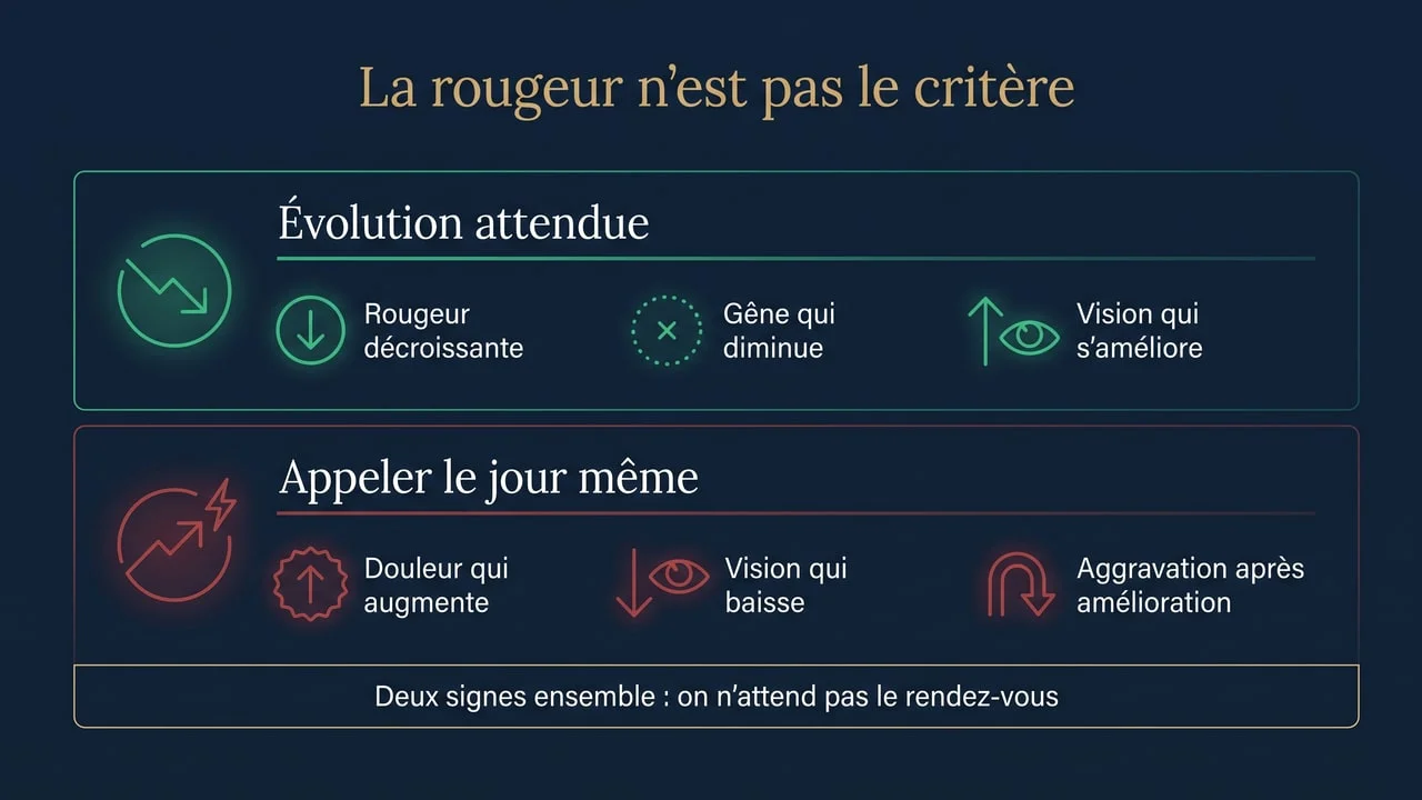 Infographie opposant l'évolution attendue après une chirurgie oculaire — rougeur et gêne décroissantes, vision qui s'améliore — aux trois signes imposant d'appeler le jour même : douleur croissante, baisse de vision et aggravation après amélioration