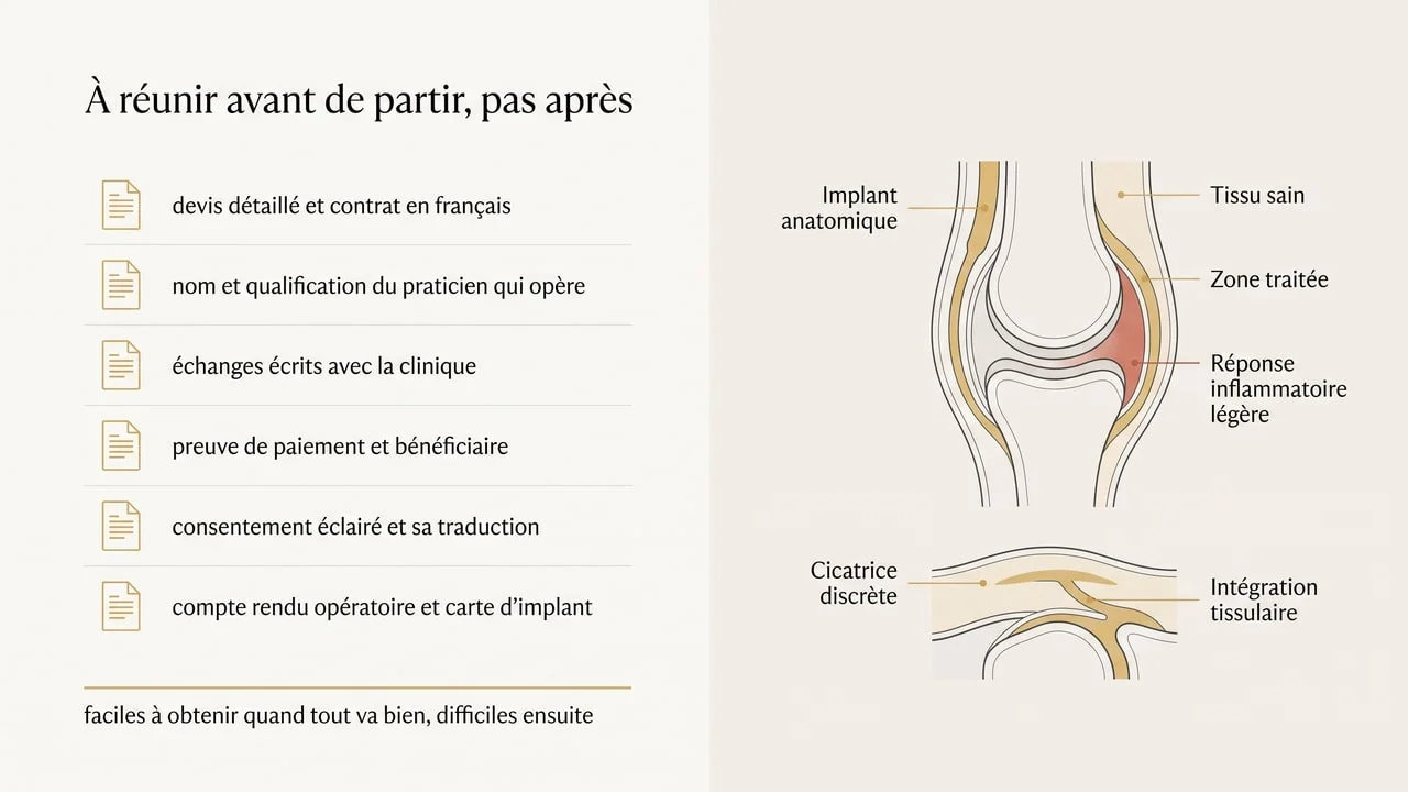 Liste des six documents à réunir avant une intervention à l'étranger : devis et contrat, identité du praticien, échanges écrits, preuve de paiement, consentement éclairé, compte rendu opératoire