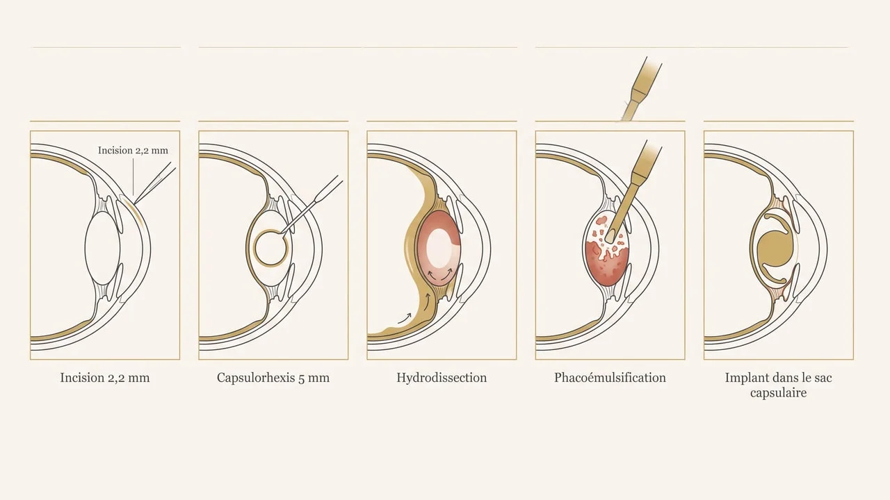 Schéma en cinq étapes d'une chirurgie de la cataracte : incision, capsulorhexis, hydrodissection, phacoémulsification et implantation