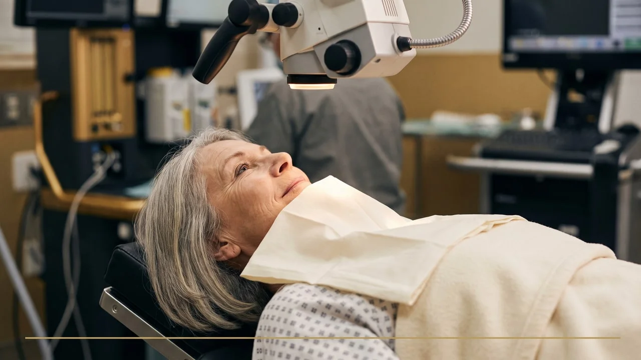 Patiente éveillée et détendue sous microscope opératoire pendant une chirurgie de la cataracte sous anesthésie locale