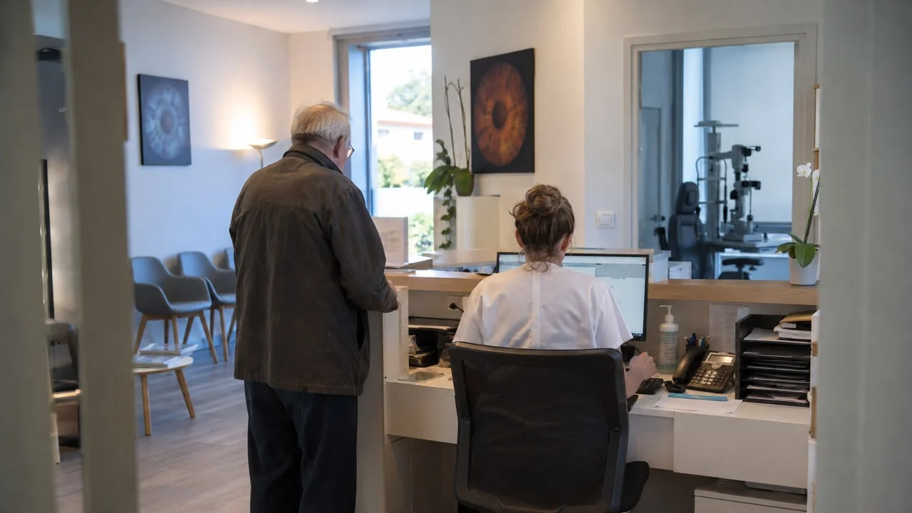Comptoir d’accueil d’une clinique ophtalmologique, un patient âgé vu de dos devant la secrétaire médicale