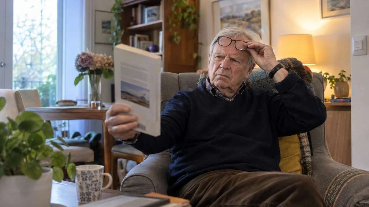 Un homme âgé relève ses lunettes et tient un livre à bout de bras dans son salon, avec une expression perplexe
