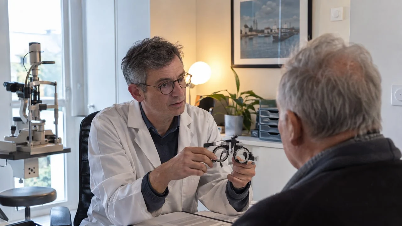 Un ophtalmologue présente une paire de lunettes d’essai à un patient âgé vu de trois-quarts arrière