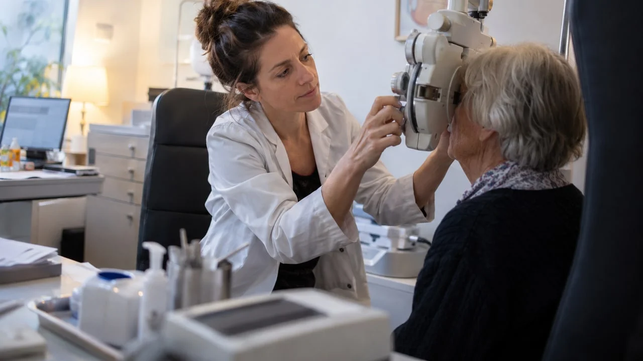 Une patiente âgée passe un contrôle d’acuité visuelle derrière un réfracteur, la praticienne ajustant l’appareil