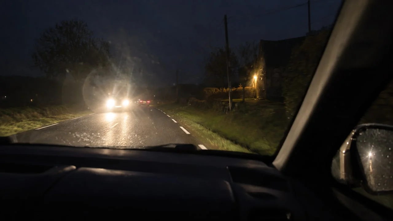 Vue nocturne depuis l’intérieur d’une voiture, les phares en face produisant de larges halos sur le pare-brise