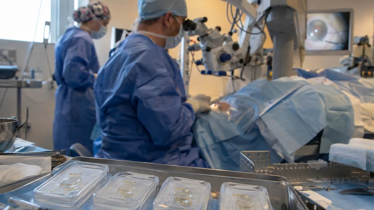 Plusieurs boîtiers stériles d’implants intraoculaires alignés sur un plateau métallique en bloc opératoire