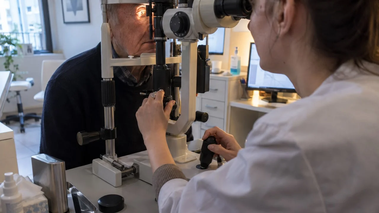 Examen à la lampe à fente, le patient appuyant le front sur l’appareil tandis que la praticienne règle la mise au point