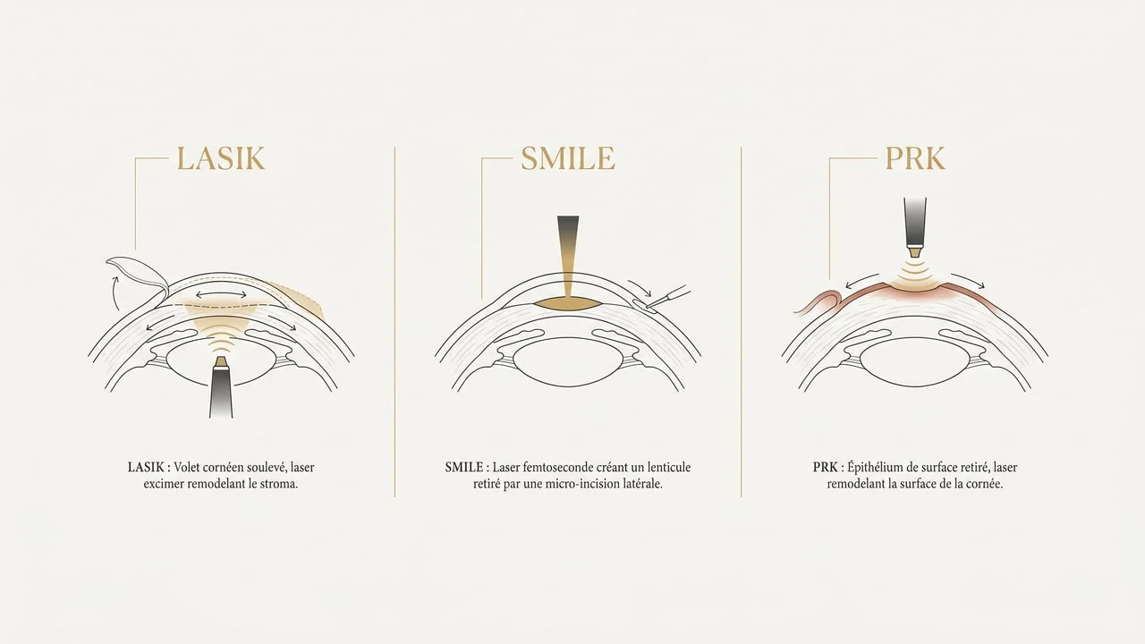 Schéma comparatif des techniques de chirurgie réfractive de la myopie : LASIK, SMILE et PRK