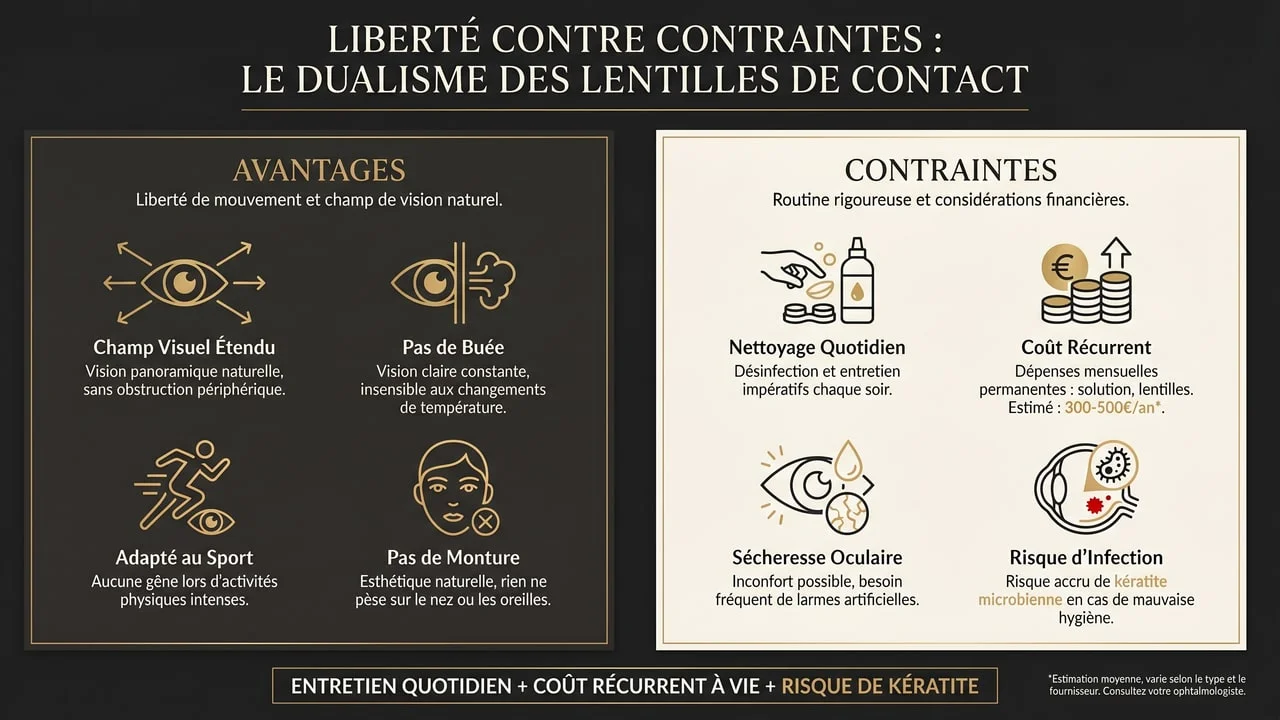 Infographie des avantages et contraintes des lentilles de contact : liberté visuelle face à l’entretien, au coût récurrent et au risque infectieux