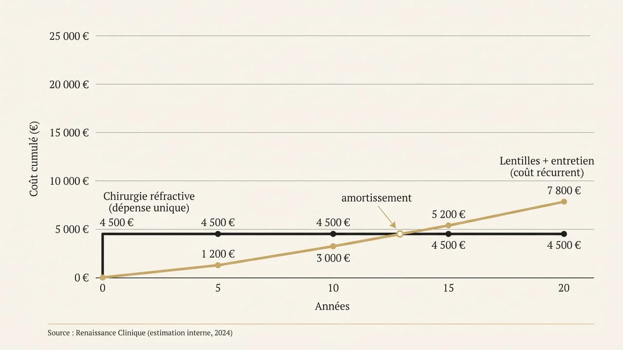 Graphique du coût cumulé des lentilles dans le temps comparé à la dépense unique d’une opération de la myopie et point d’amortissement