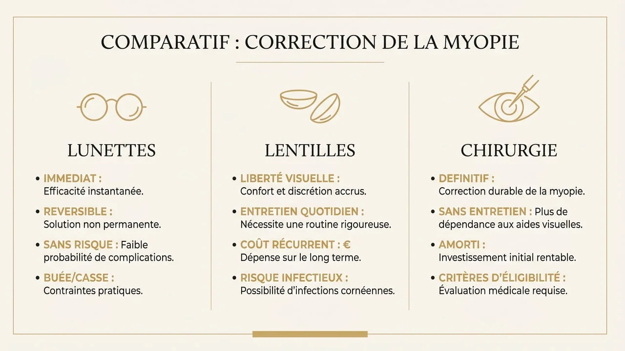Infographie comparative des trois options pour corriger la myopie : lunettes, lentilles et chirurgie réfractive