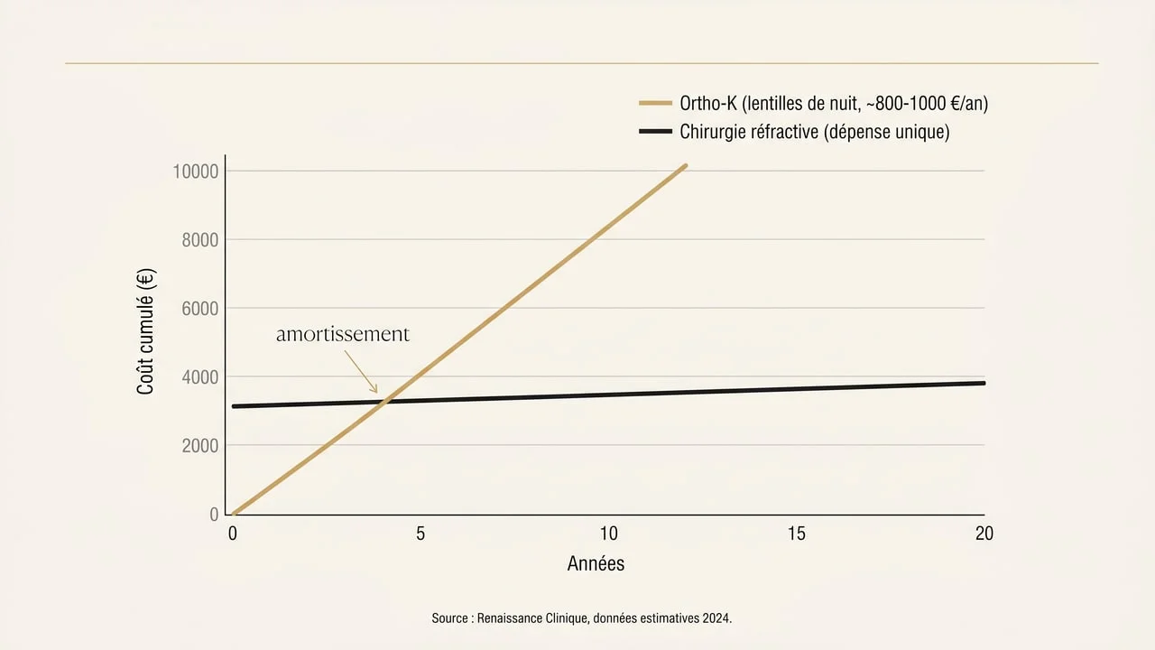 Graphique du coût cumulé de l'orthokératologie dans le temps comparé à la dépense unique d'une chirurgie réfractive et point d'amortissement
