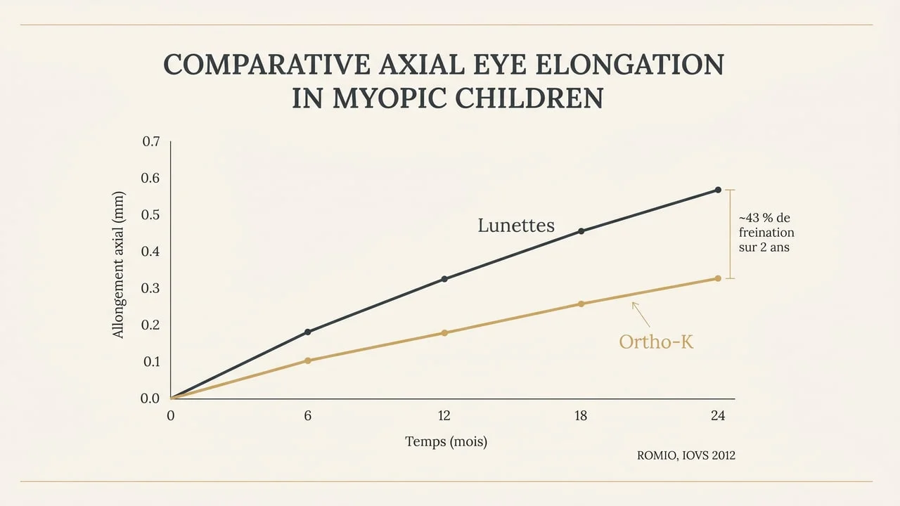 Graphique comparant l'allongement axial de l'œil sur deux ans avec lunettes et avec orthokératologie chez l'enfant myope (freination myopique)