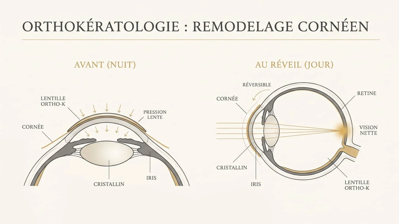 Schéma du remodelage temporaire de la cornée par une lentille d'orthokératologie portée la nuit et de la réversibilité de l'effet