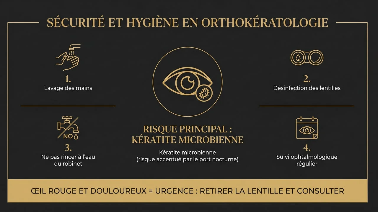 Infographie des risques de l'orthokératologie et des règles d'hygiène pour limiter le risque de kératite