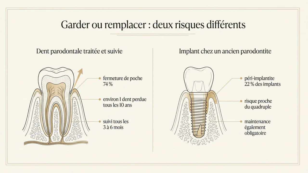 Comparaison entre une dent parodontale traitée et suivie et un implant posé chez un patient ayant un antécédent de parodontite