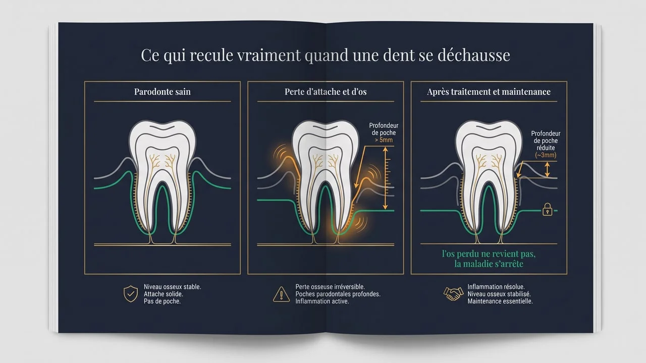 Schéma en trois temps montrant la perte d'attache et d'os autour d'une dent, puis la stabilisation obtenue après traitement parodontal