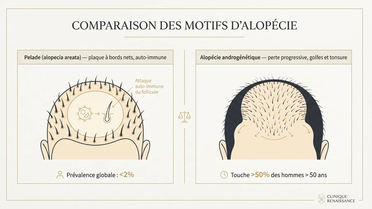 Infographie comparant la pelade (plaque ronde à bords nets, auto-immune) et l'alopécie androgénétique (perte progressive en golfes et tonsure)