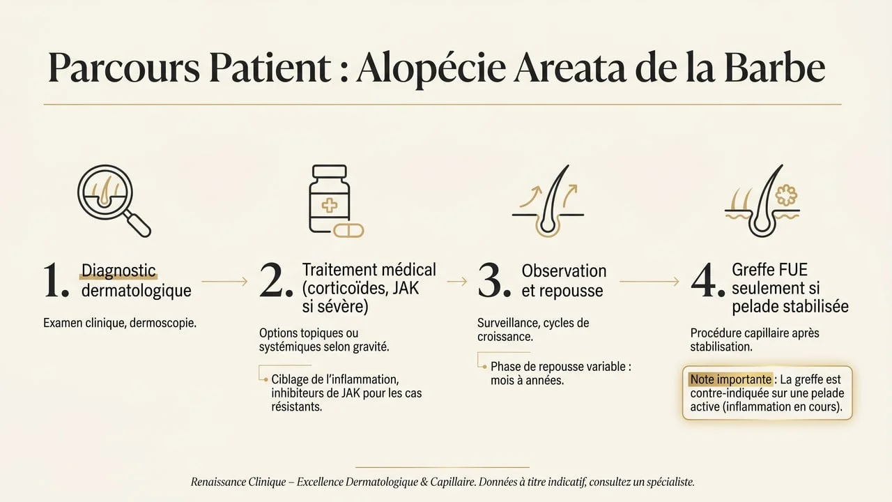 Infographie du parcours de prise en charge de la pelade de la barbe : diagnostic, traitement, observation puis greffe si stabilisée