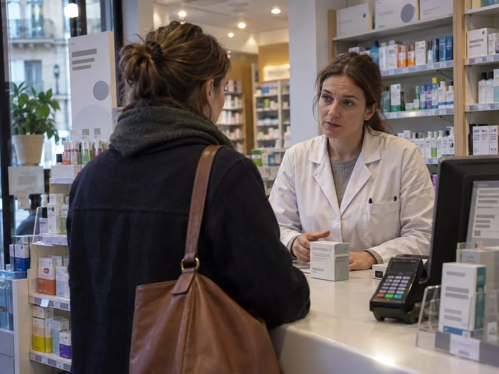 Conseil au comptoir d'une pharmacie en France : le minoxidil en solution locale est vendu à prix libre et n'est pas remboursé, et son usage est déconseillé sur une chute survenant par plaques