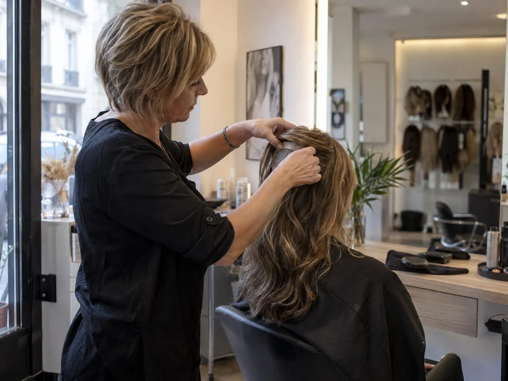 Essayage d'une prothèse capillaire en salon : en classe I, le tarif de responsabilité et le prix limite de vente sont identiques, donc rien ne reste à la charge du patient