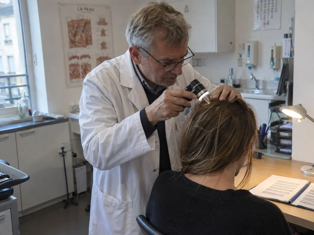 Examen du cuir chevelu au dermatoscope : la distinction entre une pelade limitée et une pelade dite sévère se fait en consultation, et c'est elle qui ouvre ou non l'accès au remboursement