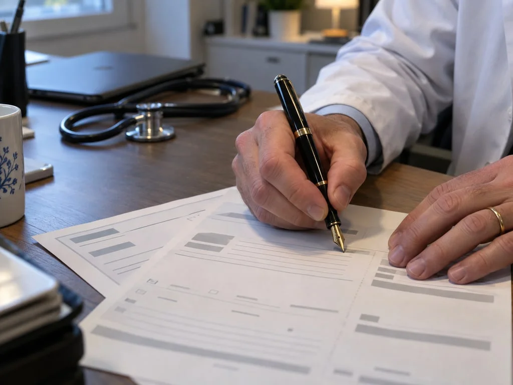 Un médecin remplit une ordonnance : le statut de médicament d'exception impose une ordonnance spécifique et subordonne le remboursement au strict respect de l'indication inscrite