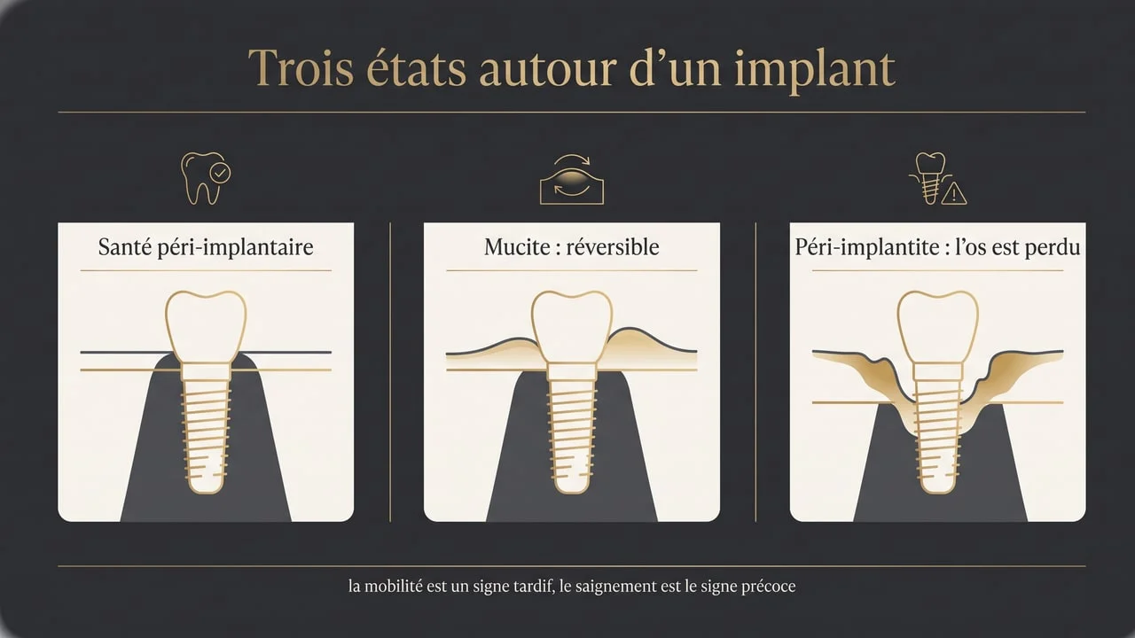 Schéma comparant santé péri-implantaire, mucite réversible et péri-implantite avec perte osseuse autour d'un implant dentaire